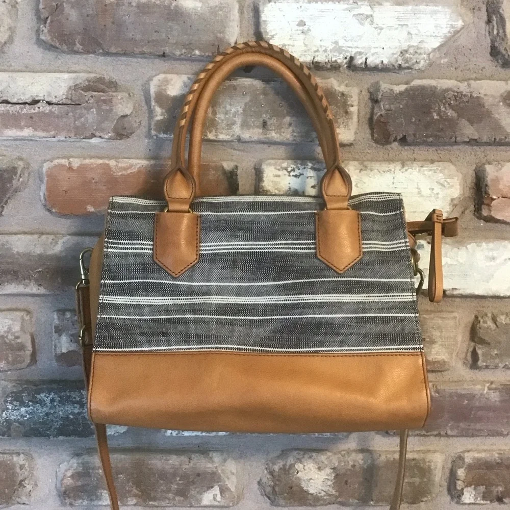 FOSSIL Black Ecru Stripe Textile Cognac Leather Trim Satchel Shoulder Bag